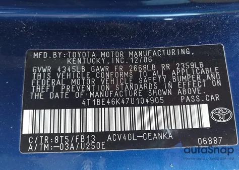 2007 Toyota Camry Le z USA, uszkodzony, nr VIN 4T1BE46K47U104905